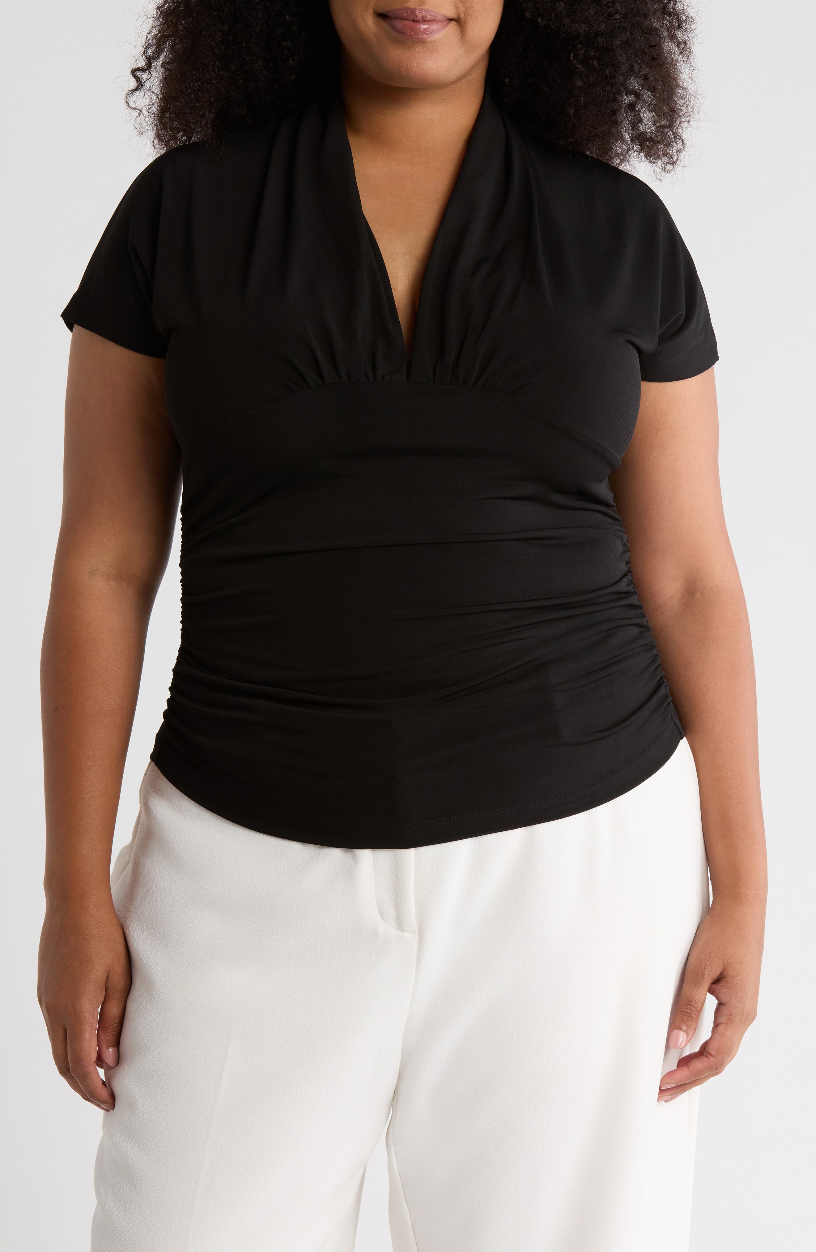 Renee C V-Neck Short Sleeve Ruched Top