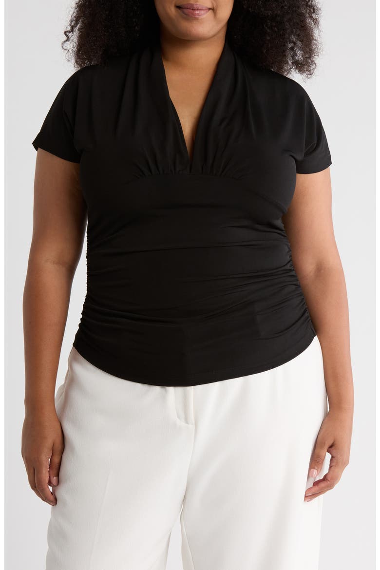 V-Neck Short Sleeve Ruched Top, Main, color, BLACK