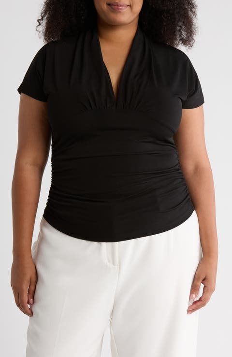 V-Neck Short Sleeve Ruched Top (Plus)
