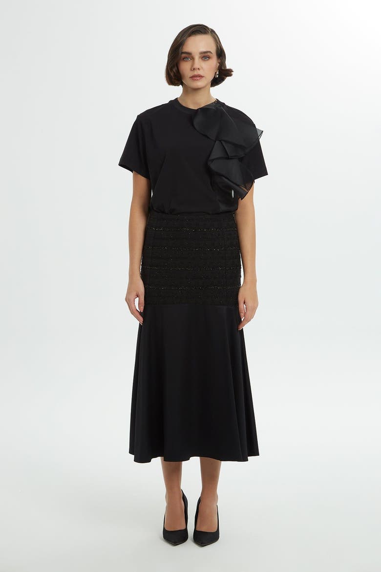 Sequin Upper Side-Zip Black Statement Midi Skirt, Main, color, Black