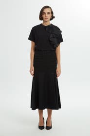 Gizia Sequin Upper Side-Zip Black Statement Midi Skirt