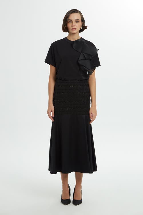 Gizia Upper Sequin Side Zipper Black Midi Skirt