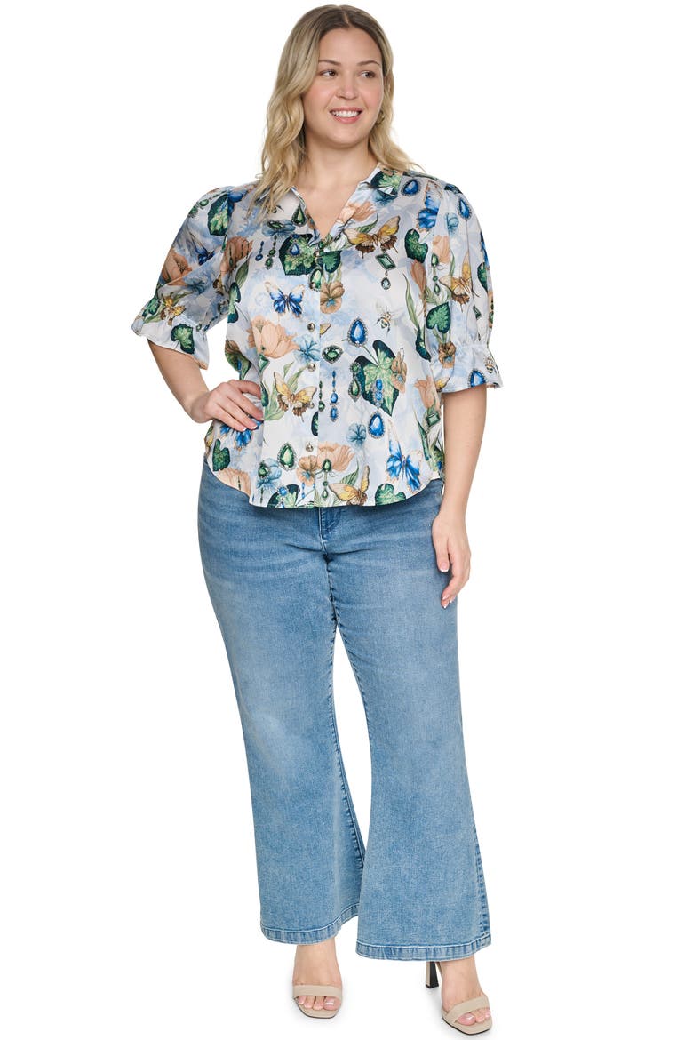 Printed Three-Quarter Sleeve Button Front Shirt, Alternate, color, SOFT WHITE MULTI