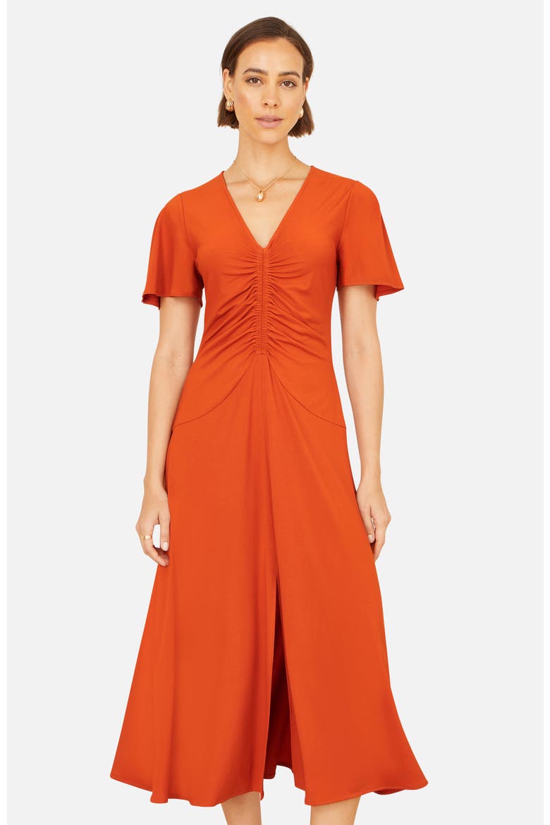 Ruched Front Stretch Midi Dress, Alternate, color, Orange