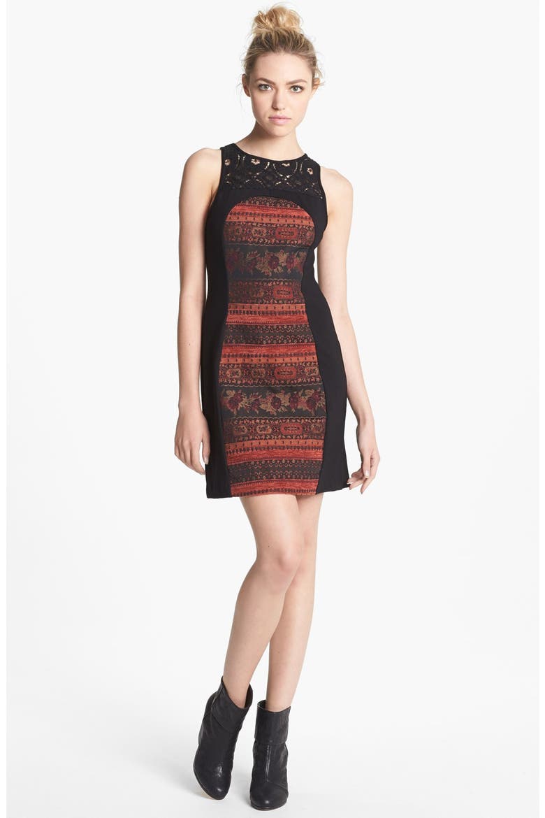 BB Dakota 'Aria' Mixed Media Sheath Dress, Main, color, BURGUNDY