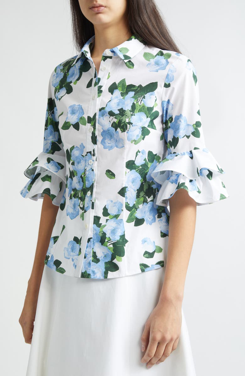 Carolina Herrera Rose Print Tiered Ruffle Cuff Button-Up Shirt, Alternate, color, White Multi