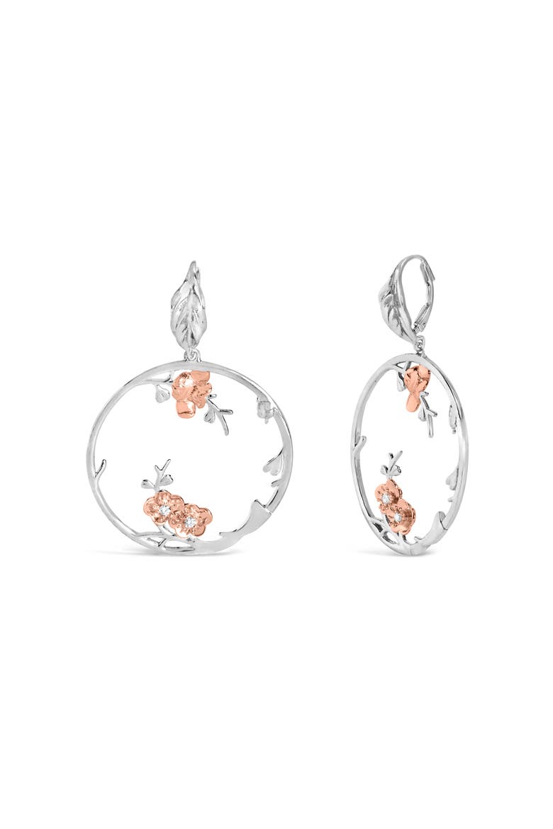 Rose Gold Plated Silver 1/10 Ct Diamond Floral Hoop Earrings, Alternate, color, White