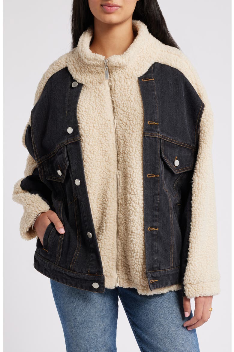 High Pile Fleece & Denim Trucker Jacket, Alternate, color, BLACK EYES