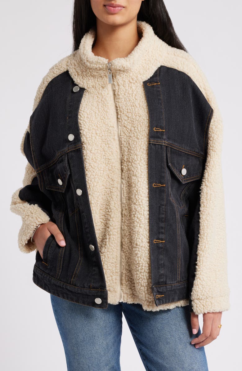 BLANKNYC High Pile Fleece & Denim Trucker Jacket, Alternate, color, Black Eyes