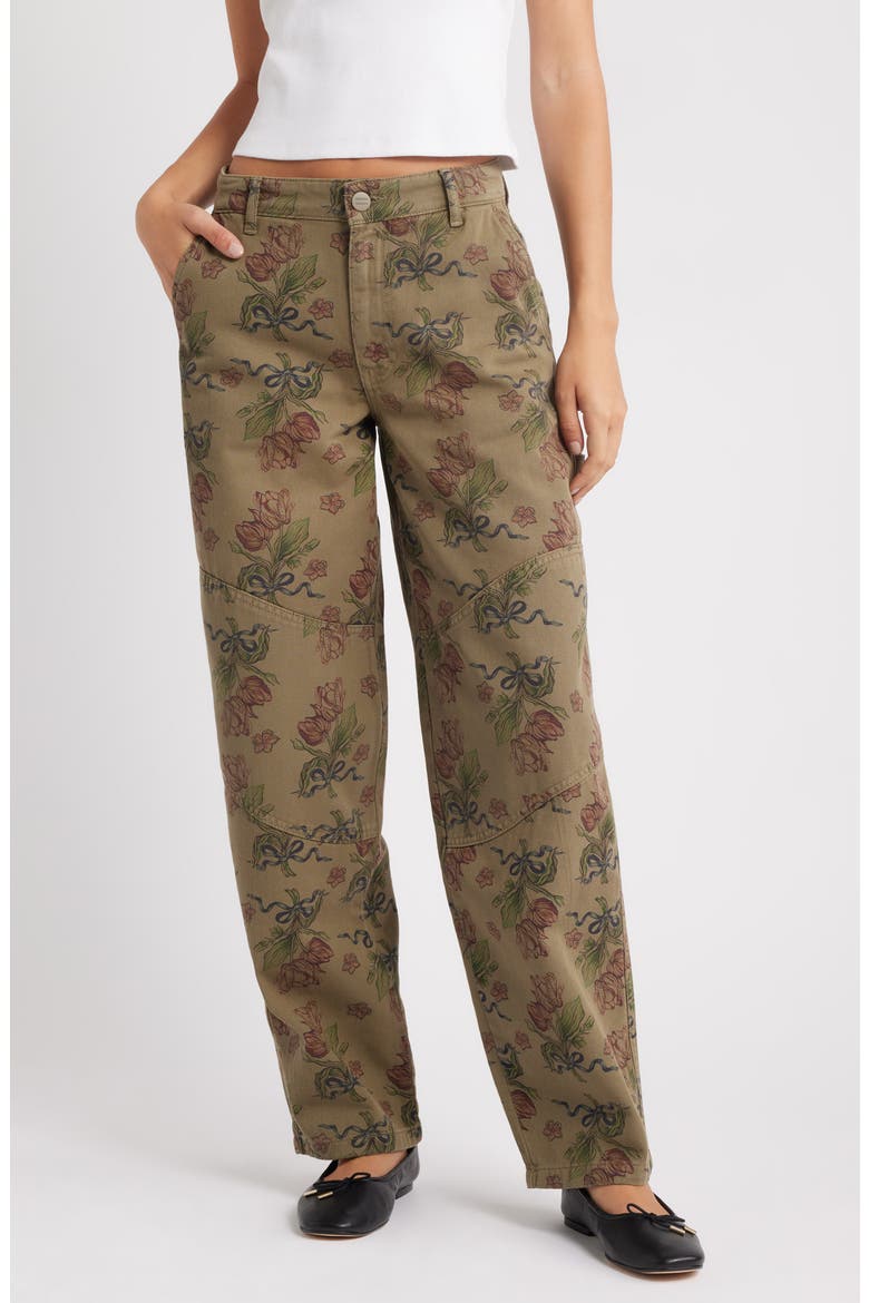 Drew Floral Print Relaxed Utility Jeans, Main, color, KHAKI