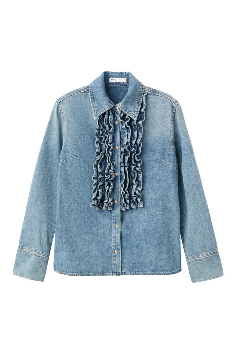 Ruffle Denim Shirt, Main, color, MEDIUM BLUE