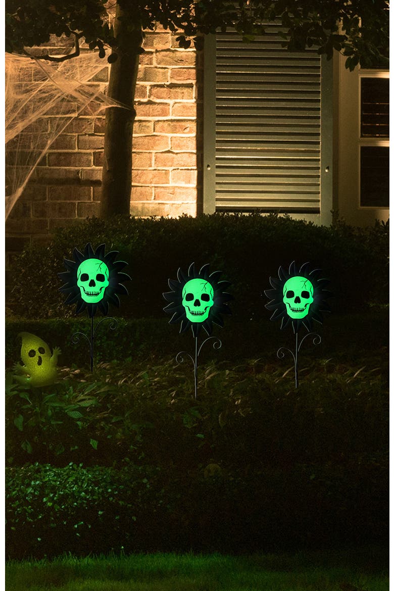 Set of 3 Halloween Metal Sunflower Skulls Glow-in-Dark Yard Stakes, Alternate, color, Black