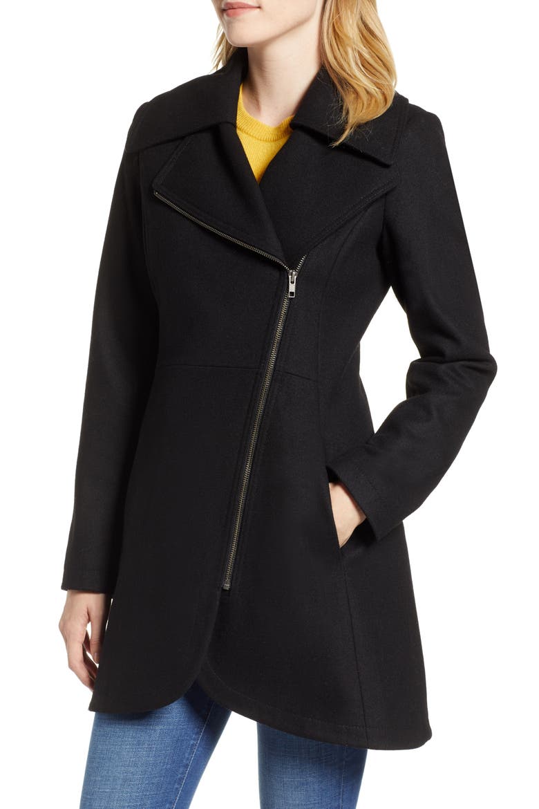Asymmetrical Zip Wool Blend Coat, Main, color, BLACK