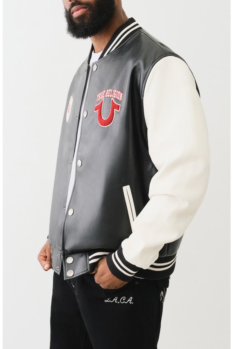 Faux Leather Varsity Jacket, Alternate, color, BLACK / WINTER WHITE