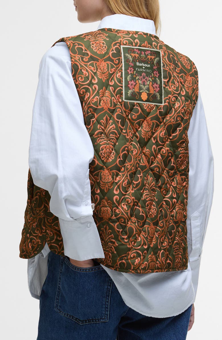 Barbour x FARM Rio Fernanda Quilted Vest, Alternate, color, Pineapple/ Green Heart Print