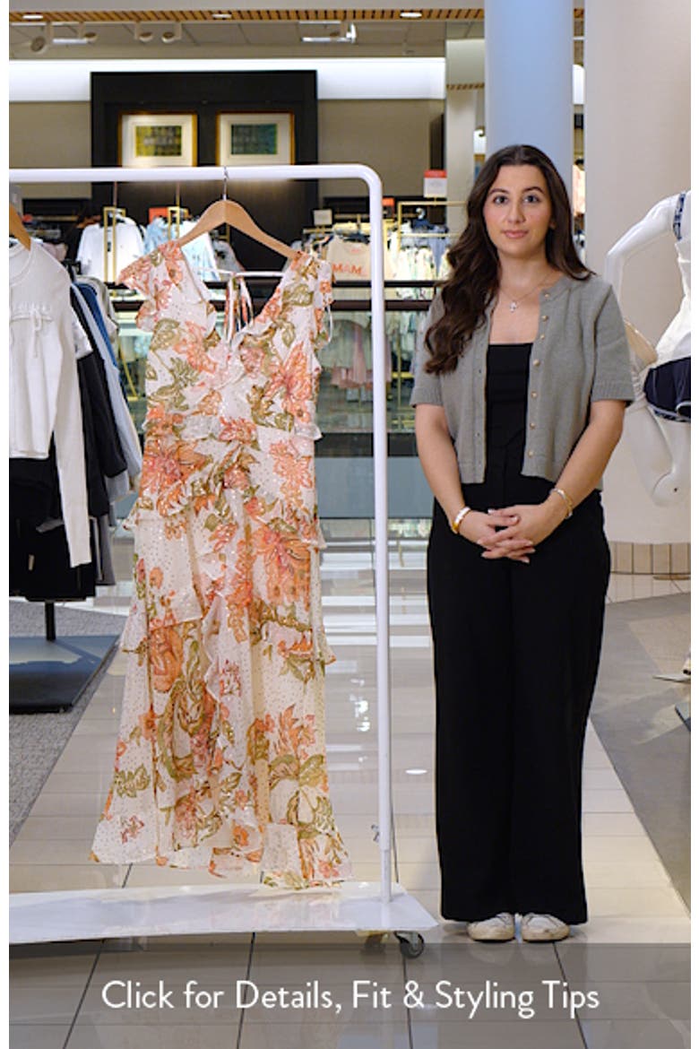 Floral Metallic Detail Cascade Ruffle Dress video
