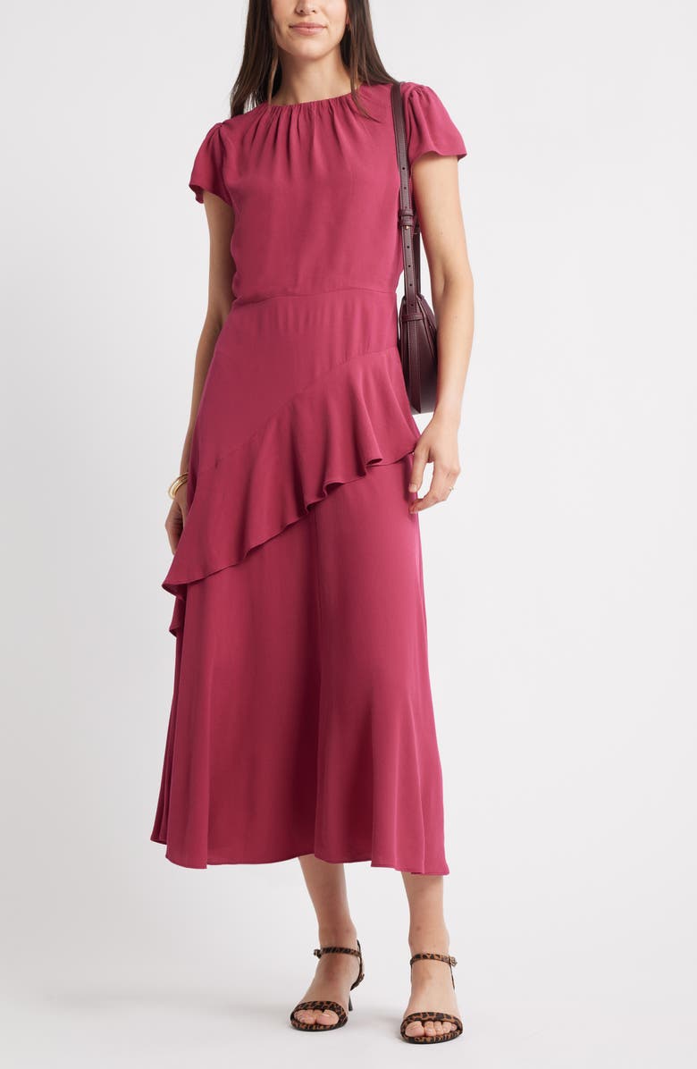 Caslon<sup>®</sup> Cap Sleeve Ruffle Dress, Alternate, color, Burgundy Berry