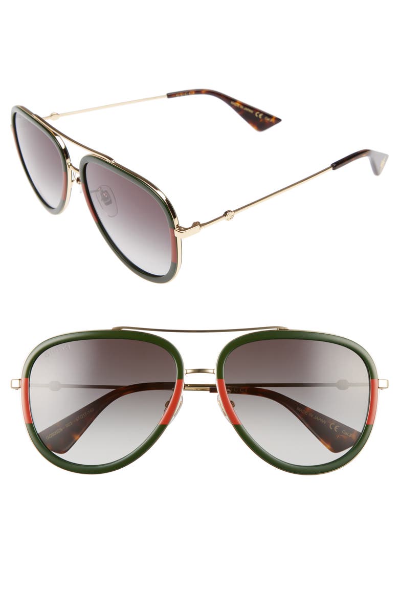 Gucci 57mm Aviator Sunglasses, Main, color, Green-Red/ Green