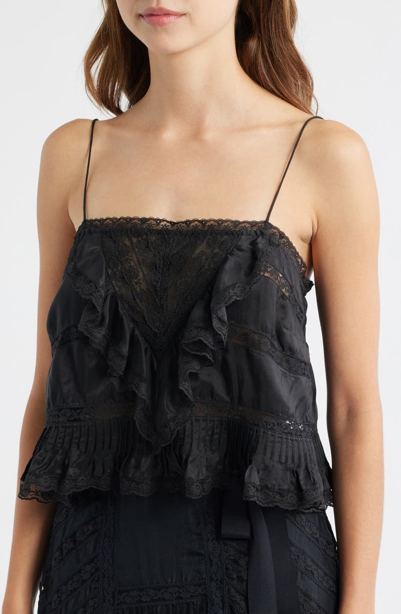 LoveShackFancy Ondeline Ruffle & Lace Silk Camisole, Alternate, color, Black
