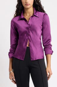 Open Edit Fitted Satin Button-Up Shirt