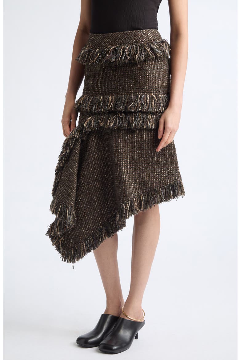 Fringe Asymmetric Wool Blend Tweed Skirt, Alternate, color, BROWN