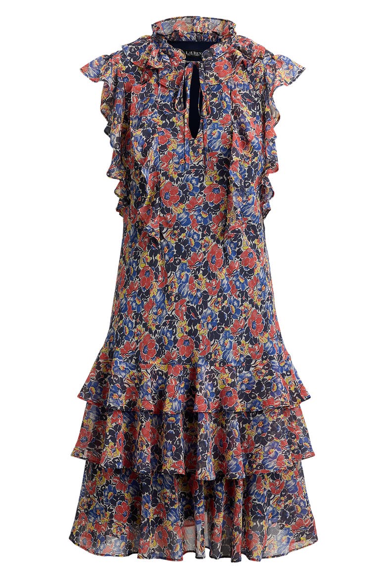 Floral Tiered Georgette Dress, Alternate, color, CREAM/ RED/ BLUE
