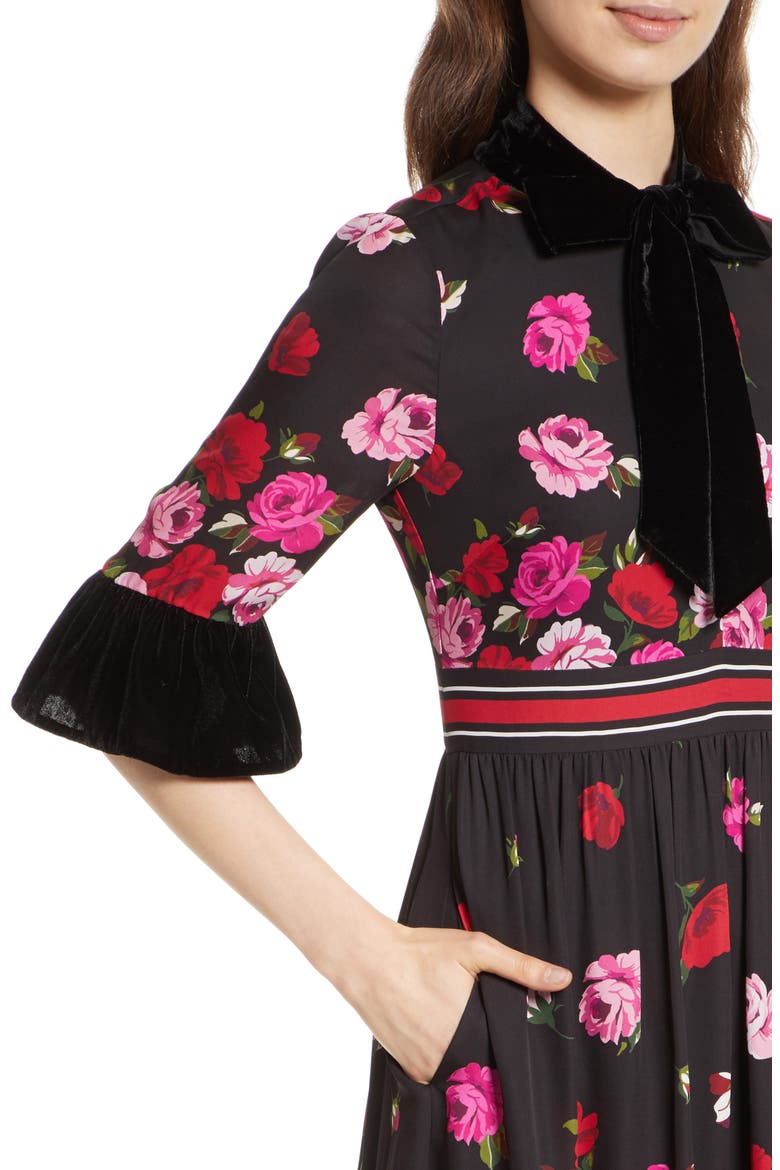 scattered rose velvet trim silk dress, Alternate, color, BLACK MULTI