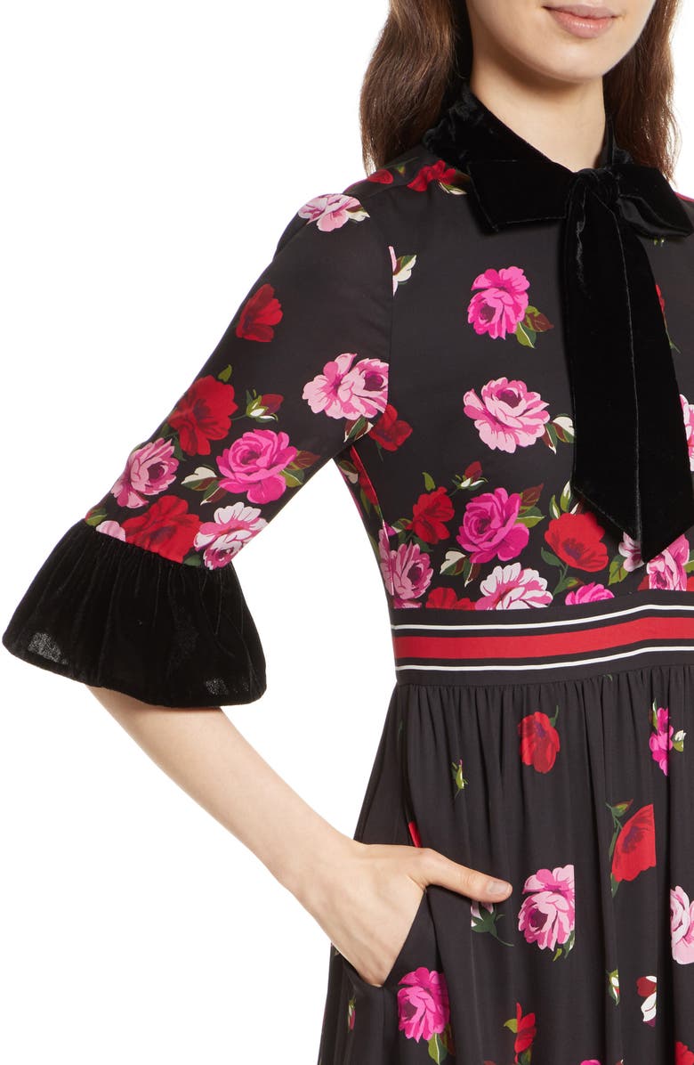 Kate Spade New York scattered rose velvet trim silk dress, Alternate, color,