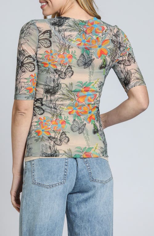 Apny Butterfly Print Mesh Top In Orange/yellow Multi