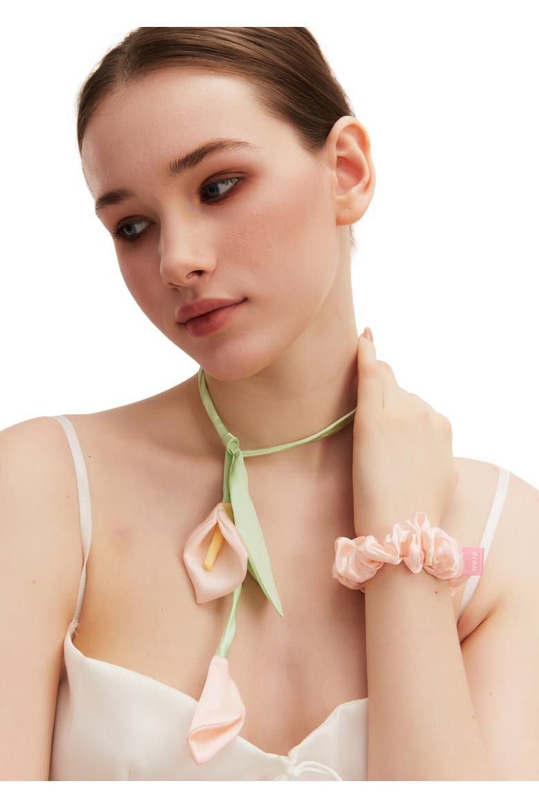 Calla Lily Silk Hair Tie Scrunchie, Alternate, color, Pink and Green
