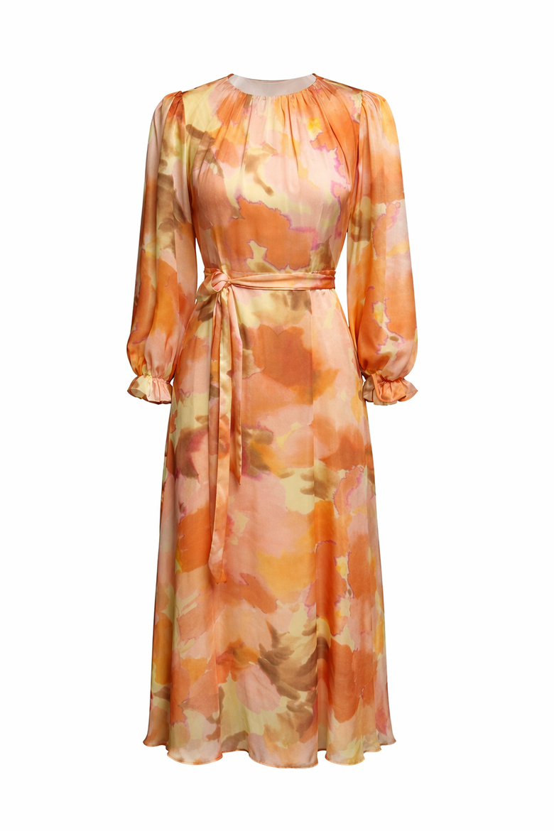 Crew Neck Long Sleeve Relaxed Fit Printed Dress, Alternate, color, Orange