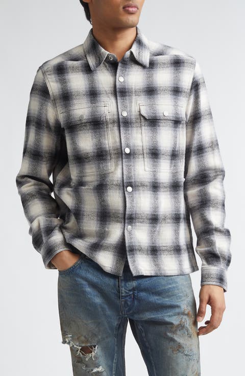 Ombré Plaid Cotton Flannel Snap-Up Shirt