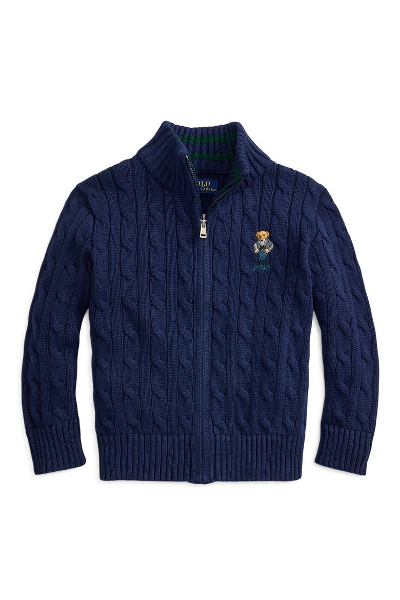 Kids' Polo Bear Cable-Knit Cotton Sweater, Main, color, REFINED NAVY