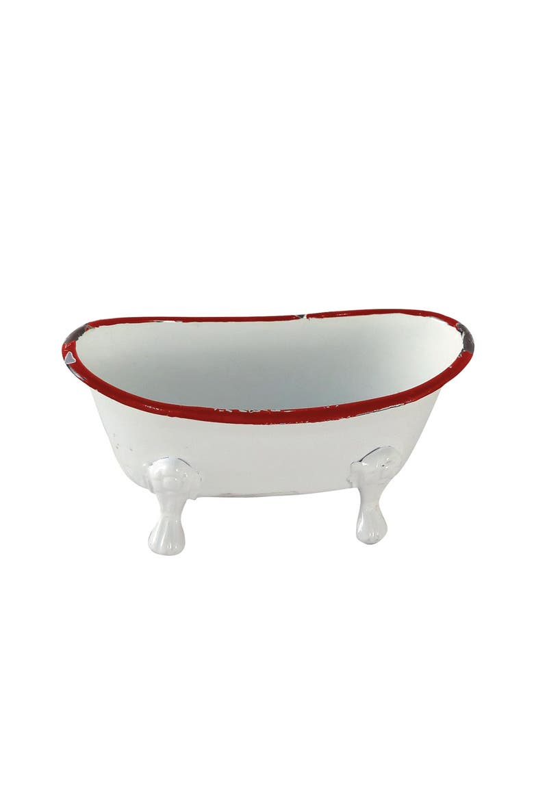 Red Distressed Rim White Enamel Bathtub Soap Dish, Main, color, White