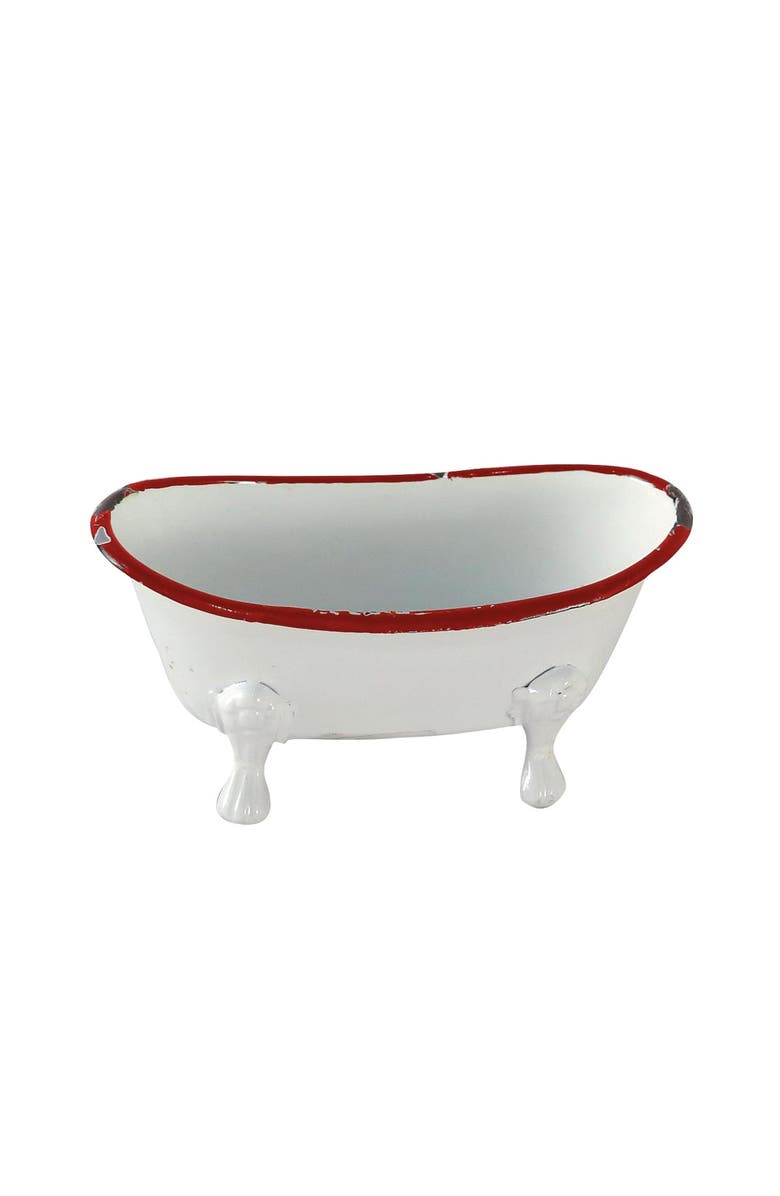 Foreside Home and Garden Red Distressed Rim White Enamel Bathtub Soap Dish, Main, color, White