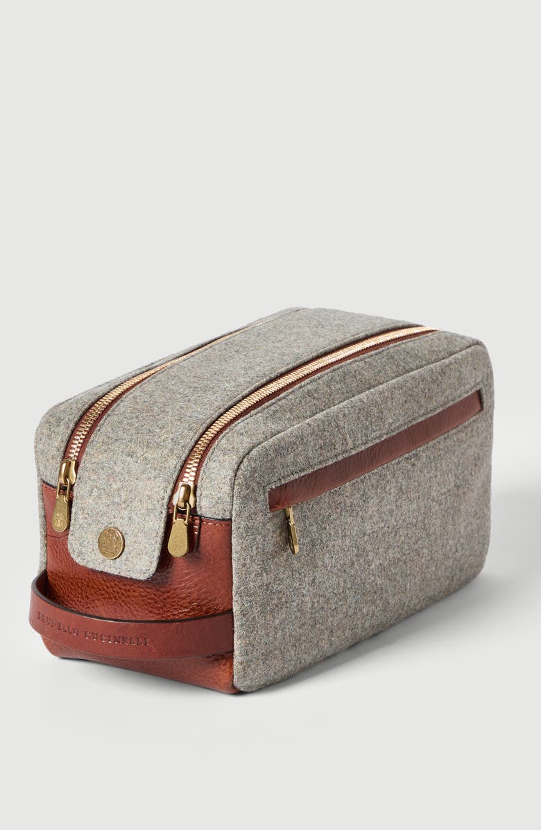 Brunello Cucinelli Virgin wool, alpaca and cashmere flannel beauty case with grained calfskin inserts and double zipper, Alternate, color, Leather