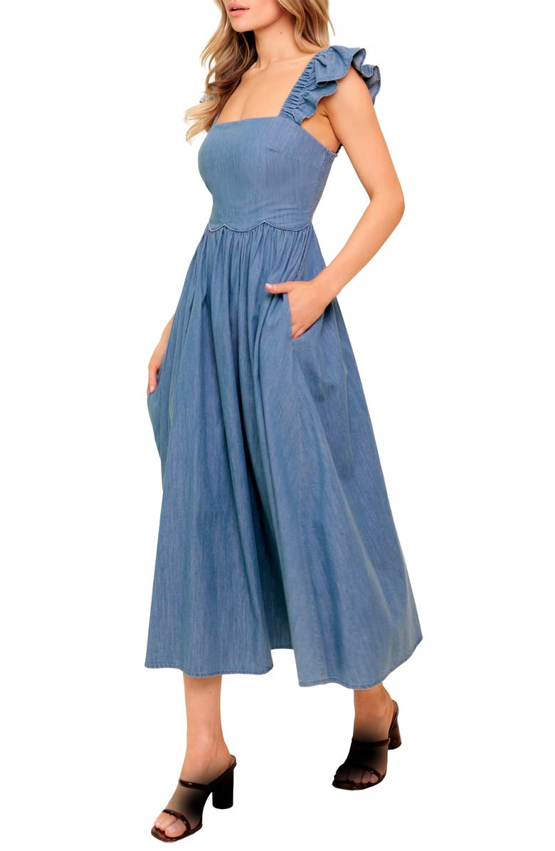 FLYING TOMATO Cap Sleeve Chambray Midi Dress, Alternate, color,