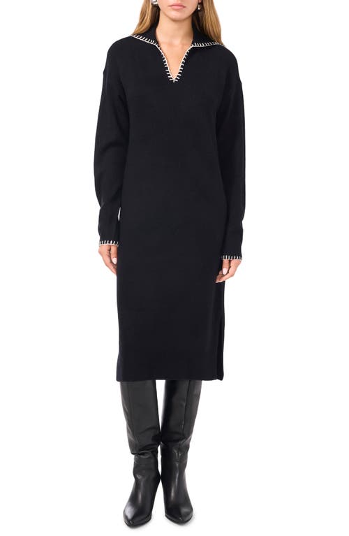 1.STATE Whipstitch Detail Long Sleeve Sweater Dress in Rich Black 