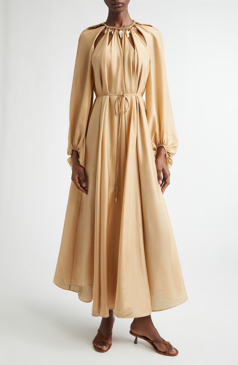 Zimmermann Mahon Long Sleeve Silk Habutae Maxi Dress, Main, color, Champagne