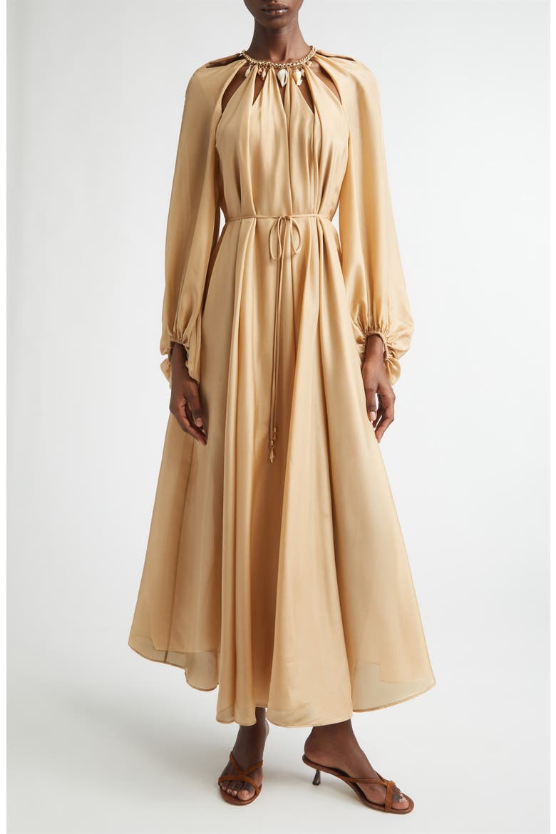 champagne long sleeve midi dress Cybil Pleated Tiered Midi Dress - Champagne Gold