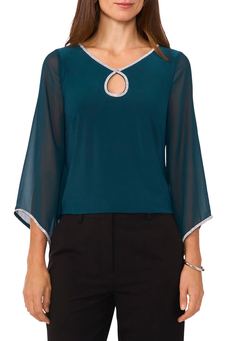 Rhinestoe Keyhole Chiffon Sleeve Top, Main, color, JASPER GREEN