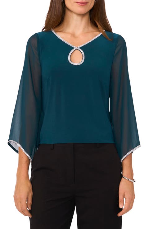 Rhinestoe Keyhole Chiffon Sleeve Top