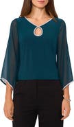 Chaus Rhinestoe Keyhole Chiffon Sleeve Top
