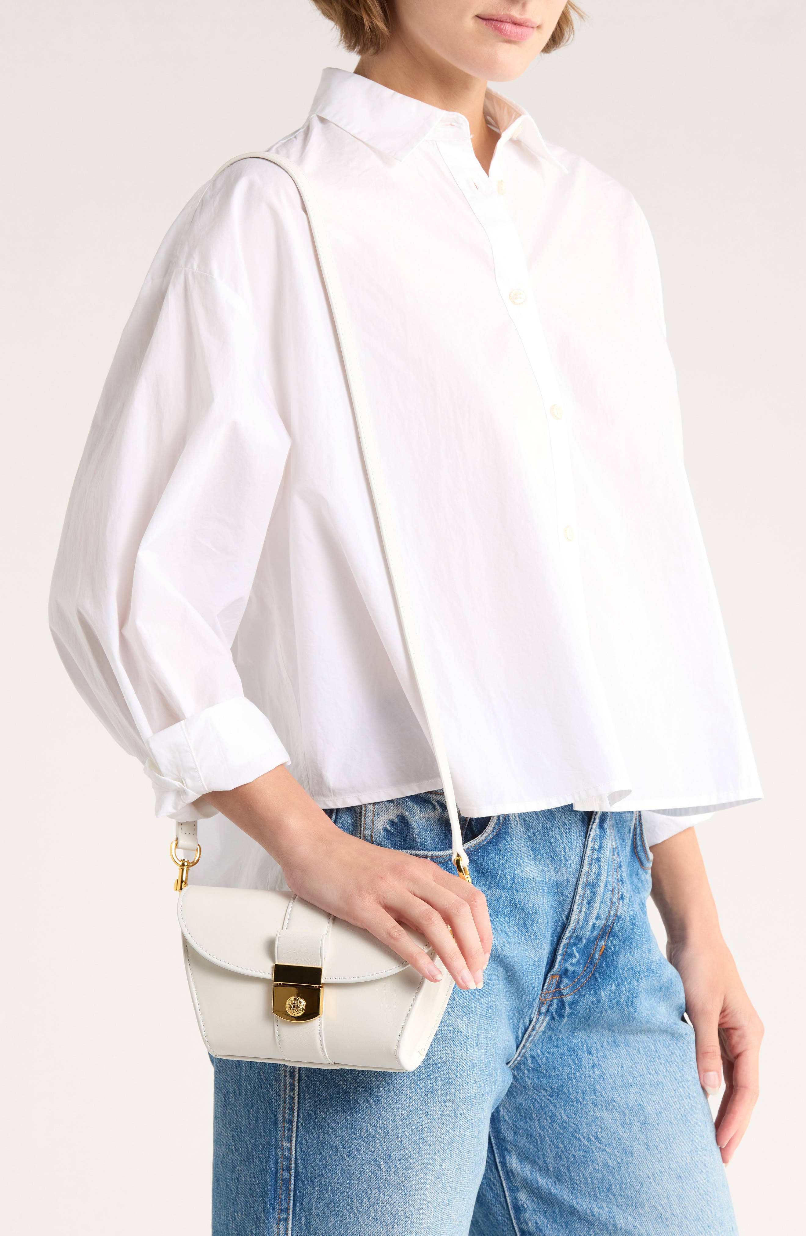 Veronica Beard Small Crest Lock Leather Trap Bag, Alternate, color, Off White