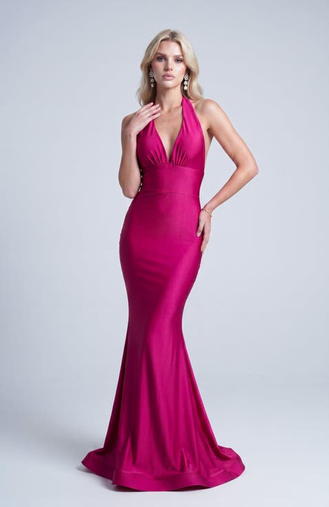 Plunge Gathered Halter Mermaid Gown