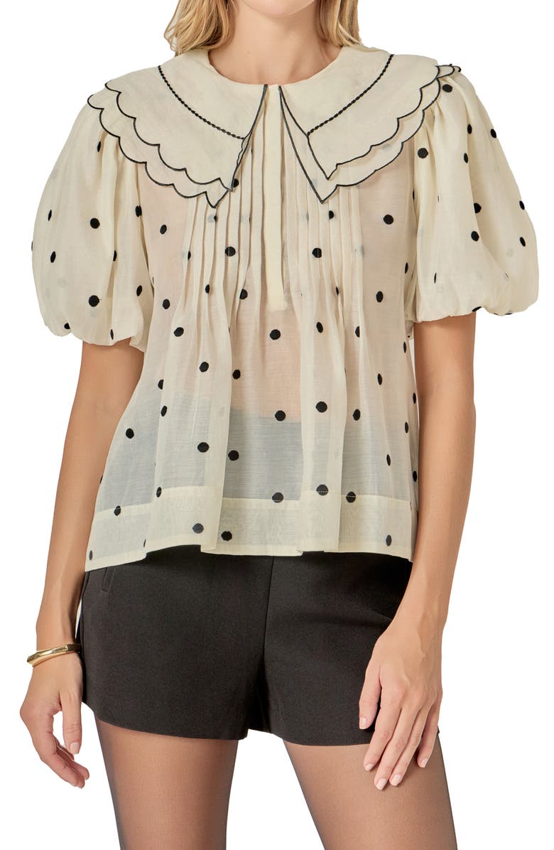English Factory Scallop Dot Sheer Puff Sleeve Top, Main, color, Cream