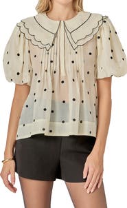 English Factory Scallop Dot Sheer Puff Sleeve Top