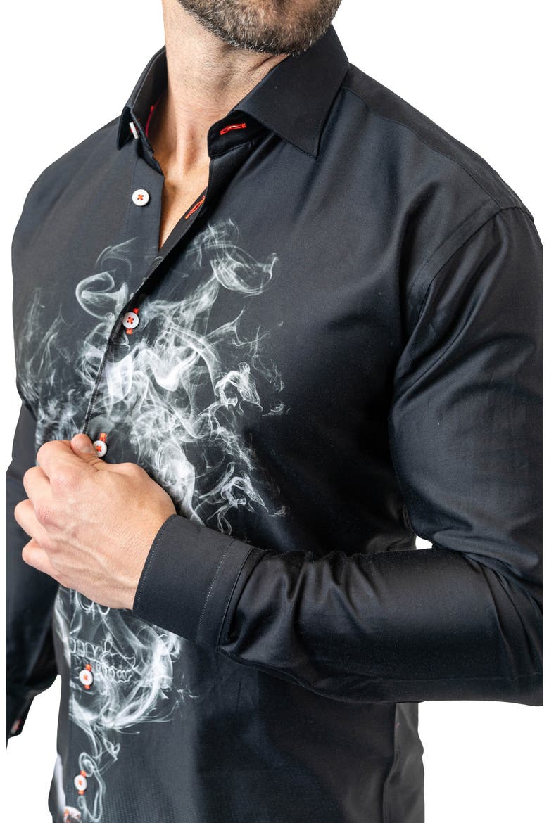 Fibonacci Skull Smoke Cotton Button-Up Shirt, Alternate, color, BLACK