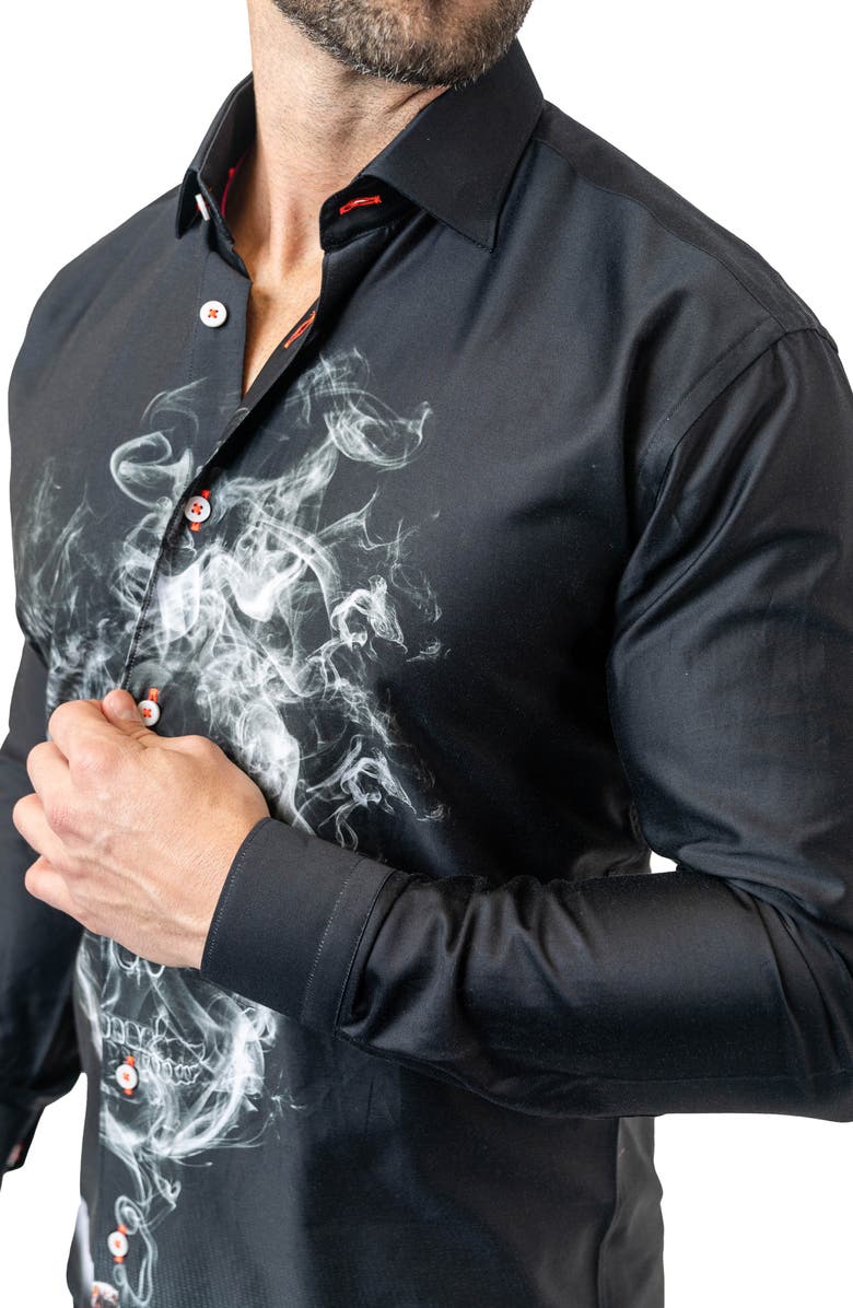 Maceoo Fibonacci Skull Smoke Cotton Button-Up Shirt, Alternate, color, Black