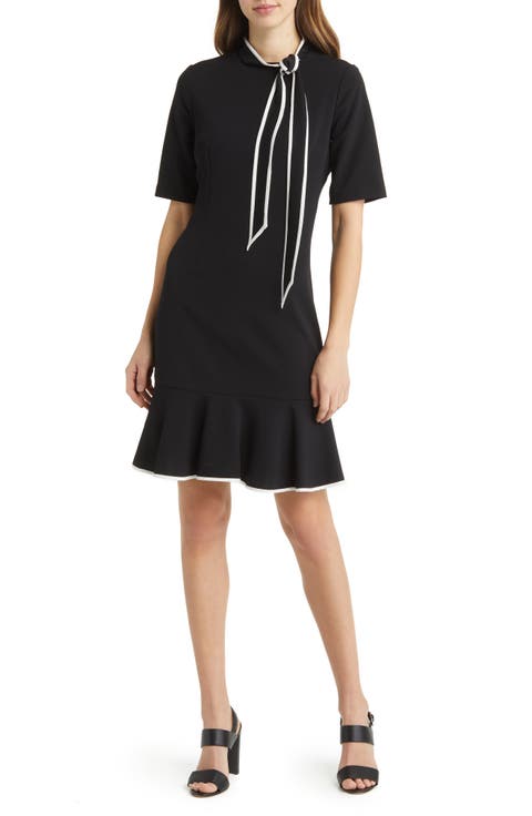 Tie Neck Short Sleeve Crepe Sheath Dress